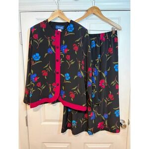 Nancy II Vintage 90s Floral Skirt Set Black Pink Blue Two Piece Size 14 USA Made